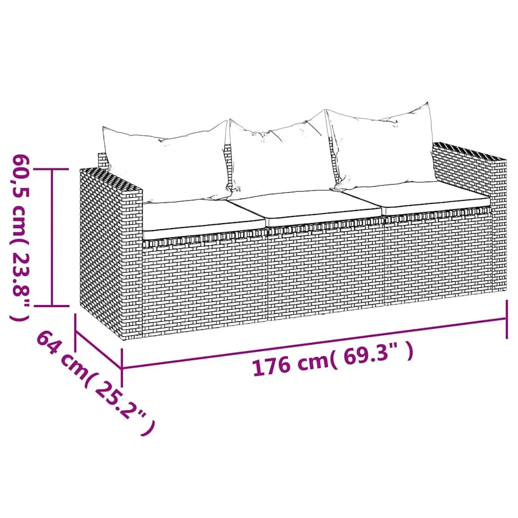 3-Seater Garden Sofa Grey Poly Rattan with Removable Cushions