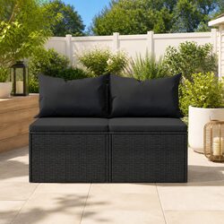 Outdoor Middle Sofas 2pcs Black Garden Seating Set Cushions Rattan Sectional