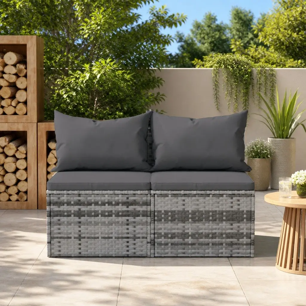 Outdoor Garden Middle Sofas Set 2 pcs Grey Poly Rattan with Cushions