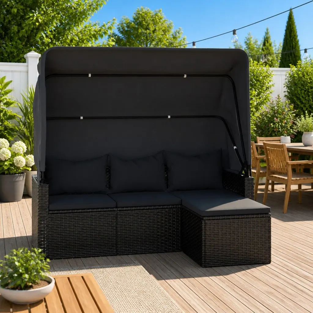 3-Seater Garden Sofa Adjustable Roof Black Rattan