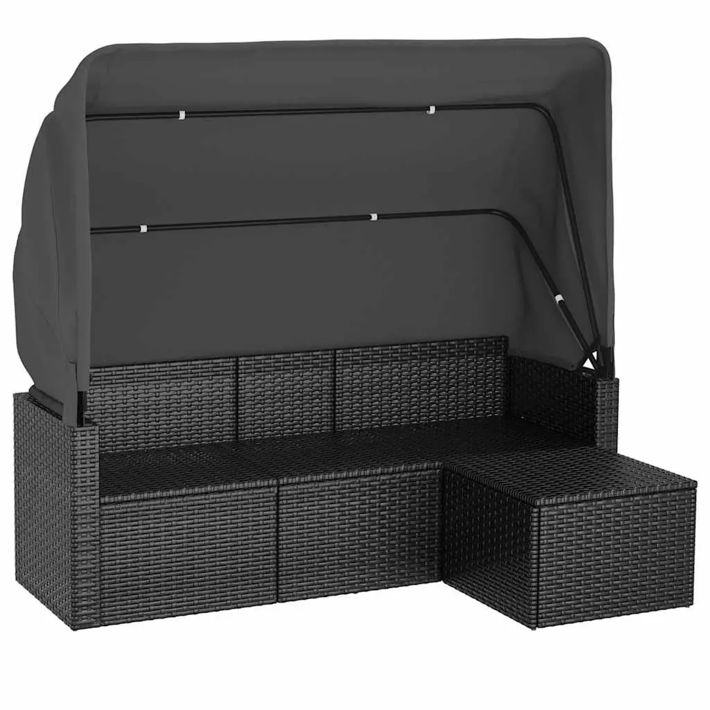 3-Seater Garden Sofa Adjustable Roof Black Rattan