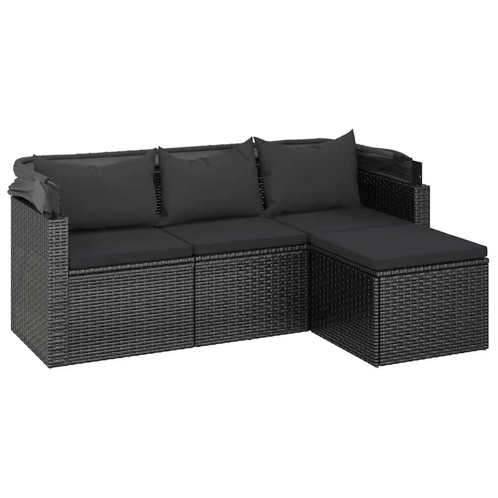 3-Seater Garden Sofa Adjustable Roof Black Rattan
