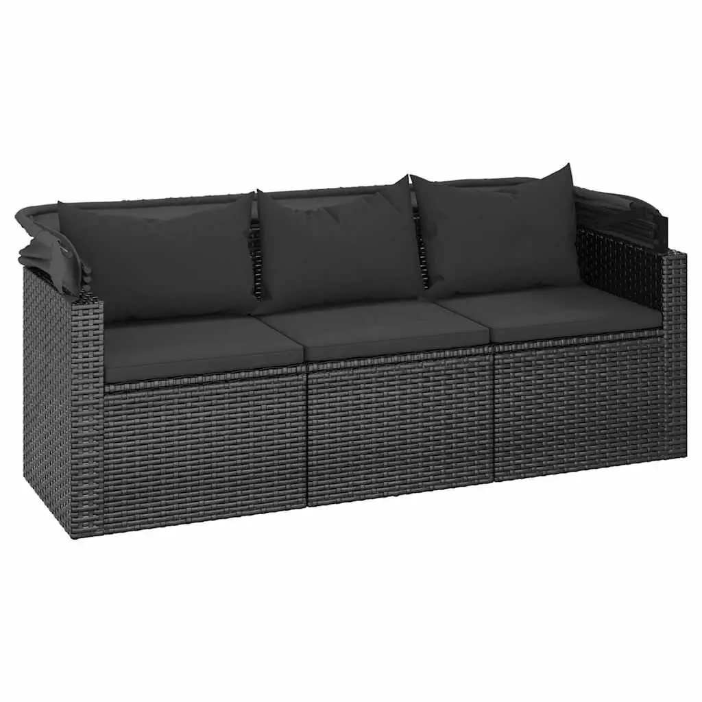 3-Seater Garden Sofa Adjustable Roof Black Rattan