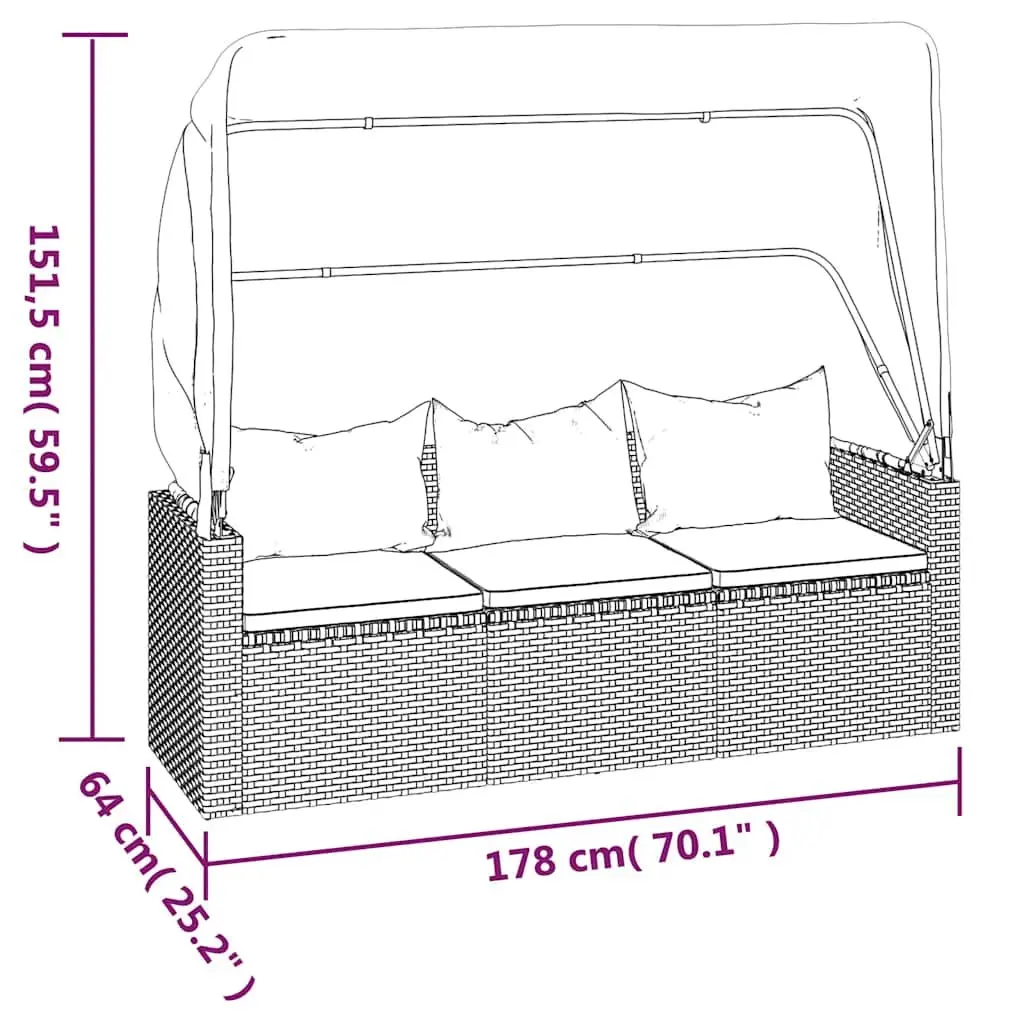 3-Seater Garden Sofa Adjustable Roof Black Rattan