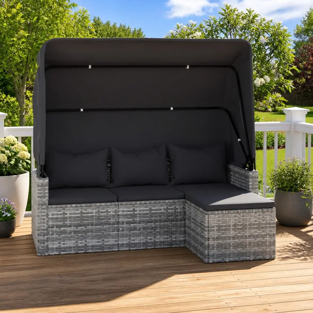 3-Seater Garden Sofa with Adjustable Roof and Footstool Grey