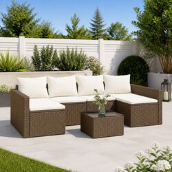Charming Outdoor Rattan Seating with Cushions and Coffee Table