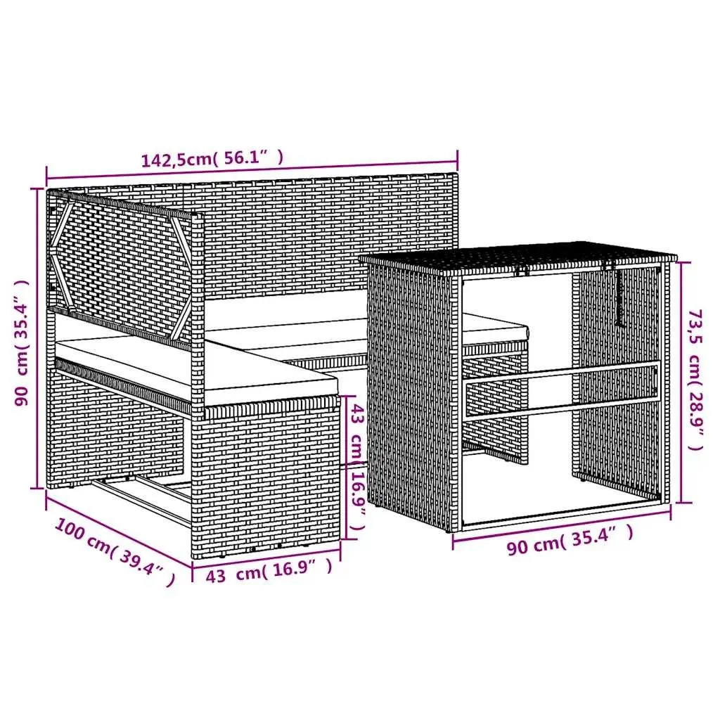 L-Shaped Garden Sofa Set with Integrated Table Brown Poly Rattan Outdoor Patio Furniture
