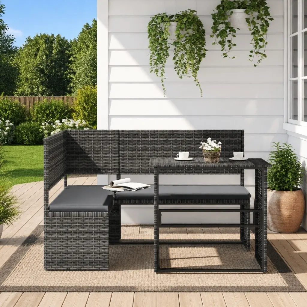 L-Shaped Garden Sofa Set Grey Poly Rattan Outdoor Furniture with Table