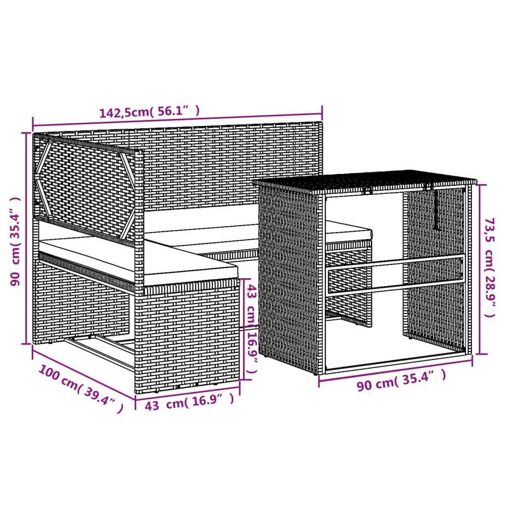 L-Shaped Garden Sofa Set Grey Poly Rattan Outdoor Furniture with Table