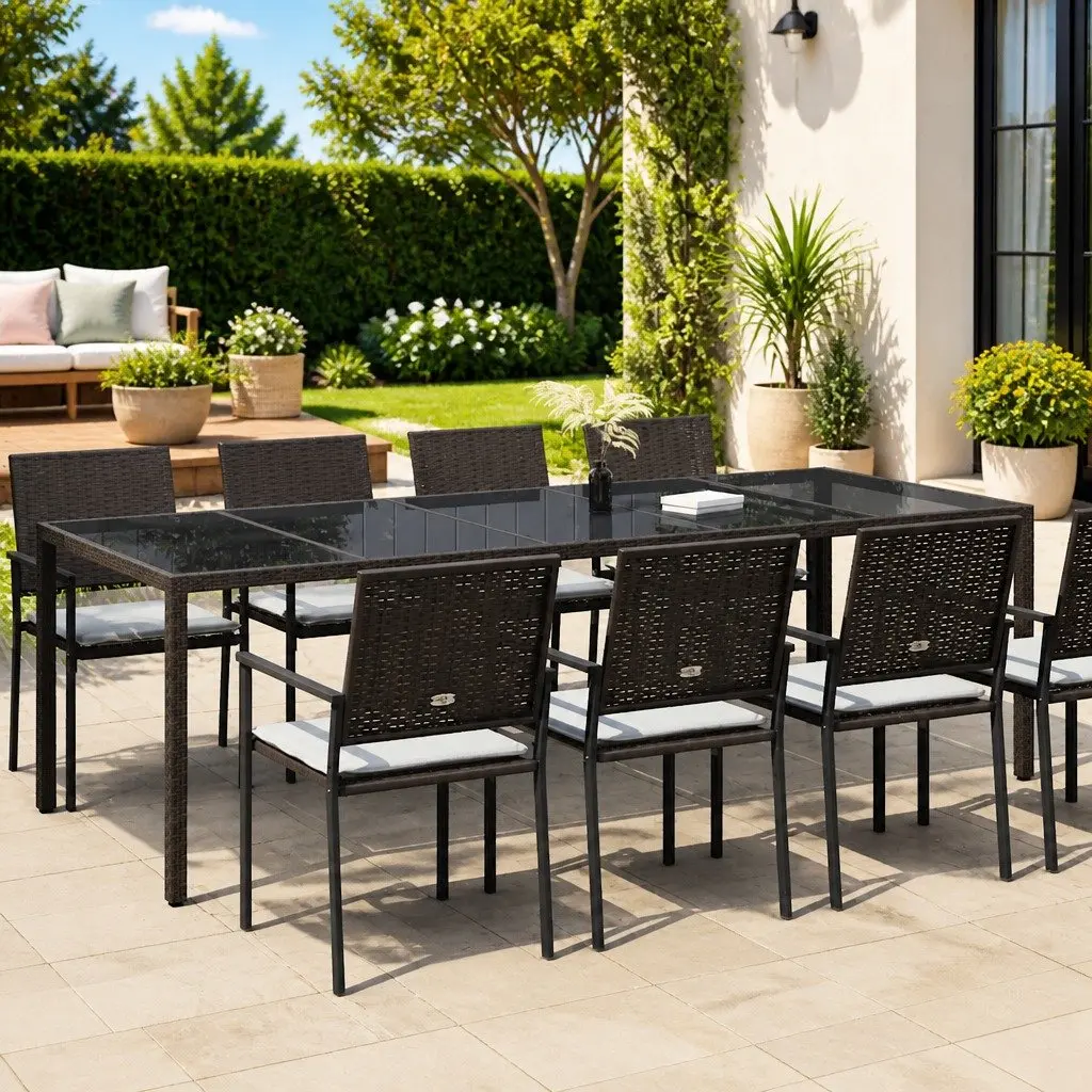 Outdoor Dining Table Brown Poly Rattan Steel Frame 250x100x75cm