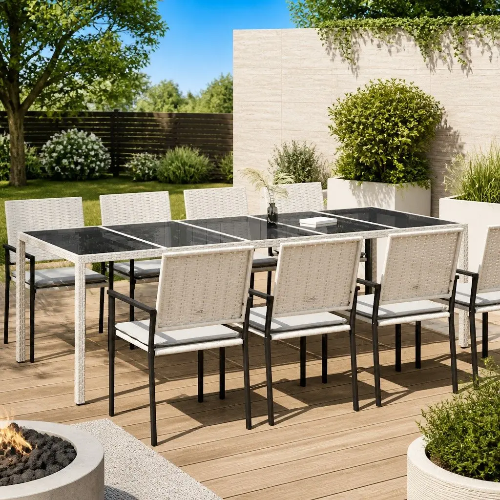 Garden Table White Poly Rattan Tempered Glass 250x100x75cm
