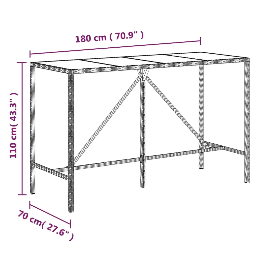 Bar Table with Glass Top Black Outdoor Patio Furniture Poly Rattan 180x70x110cm