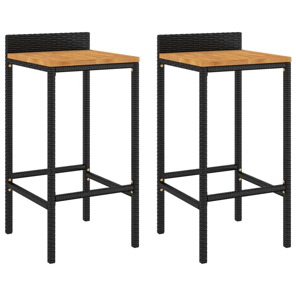 Bar Stools 2 pcs Black Outdoor Indoor Modern Design Poly Rattan Wooden Seat