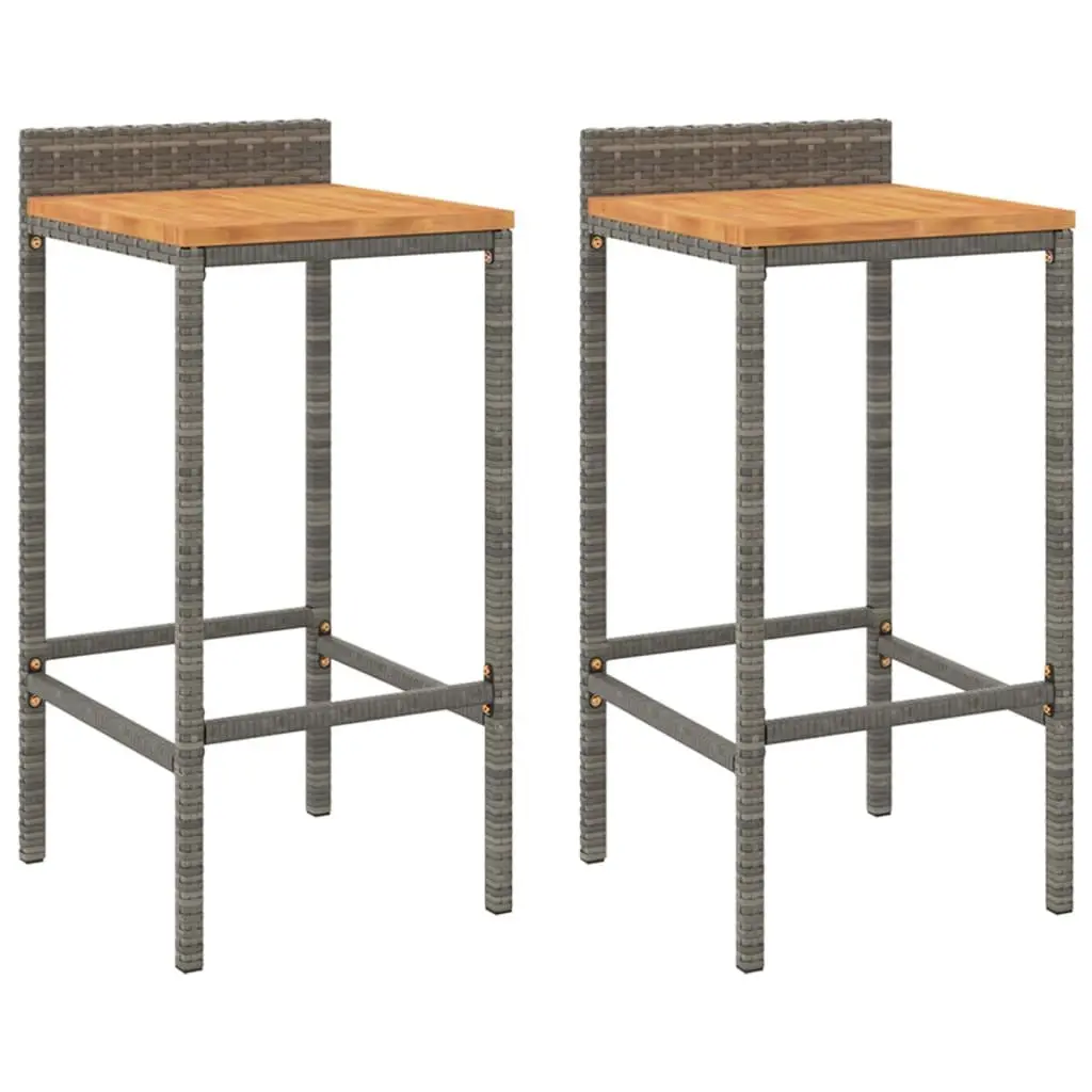 Grey Rattan Bar Stools Set 2 Pieces Indoor Outdoor Acacia Wood Seat