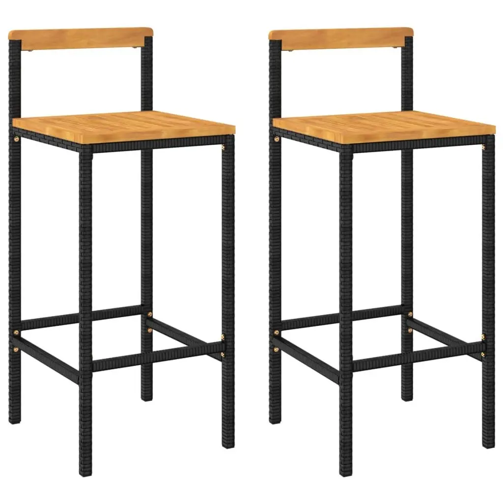 Bar Stools 2 pcs Black Poly Rattan Wood Acacia Modern Kitchen Outdoor Indoor
