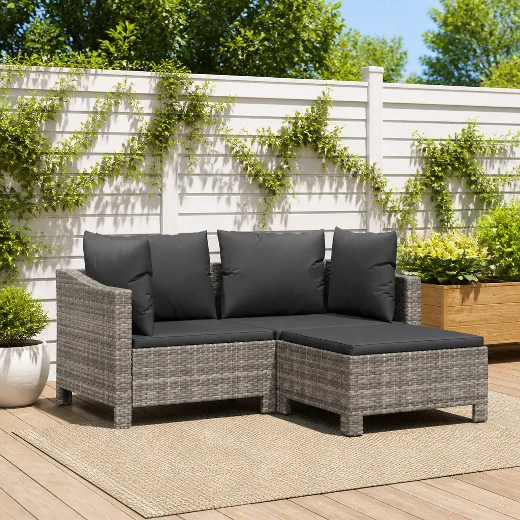 Poly Rattan Garden Lounge Set Grey Outdoor 3 Piece with Cushions
