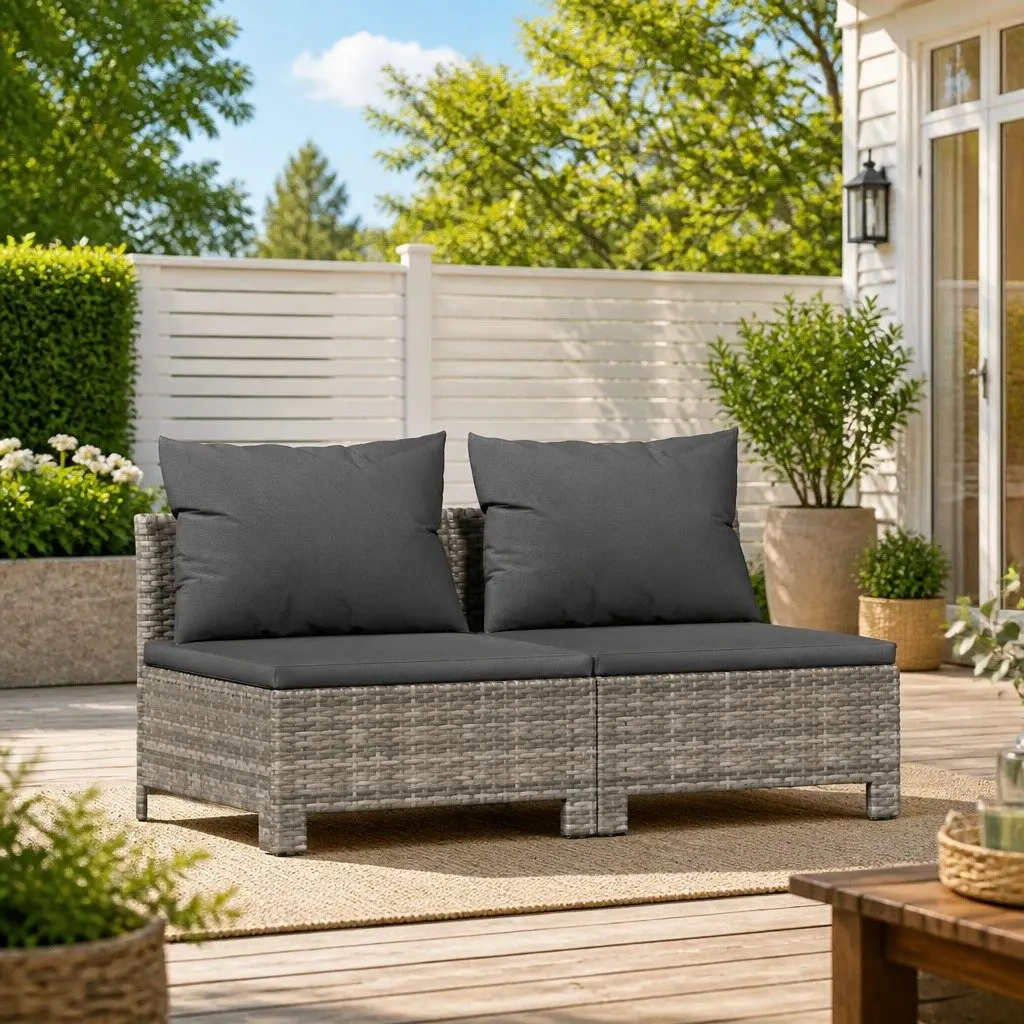 Outdoor Lounge Set Grey Rattan Garden Sofa 2-Seater with Cushions