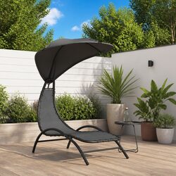 Sun Lounger with Canopy Grey Outdoor Garden Reclining Chair Adjustable Backrest