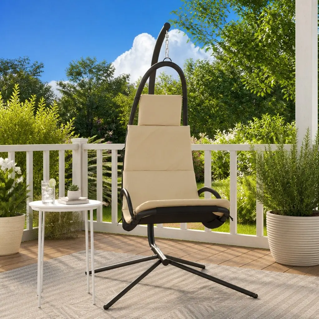 Garden Swing Chair Oxford Fabric Cream with Thick-Padded Cushion Steel Frame