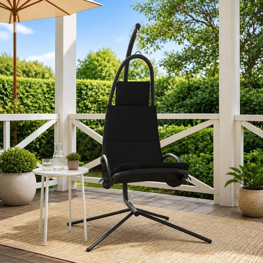 Outdoor Swing Chair Black Steel Frame Cushioned Oxford Fabric Garden Patio Seat