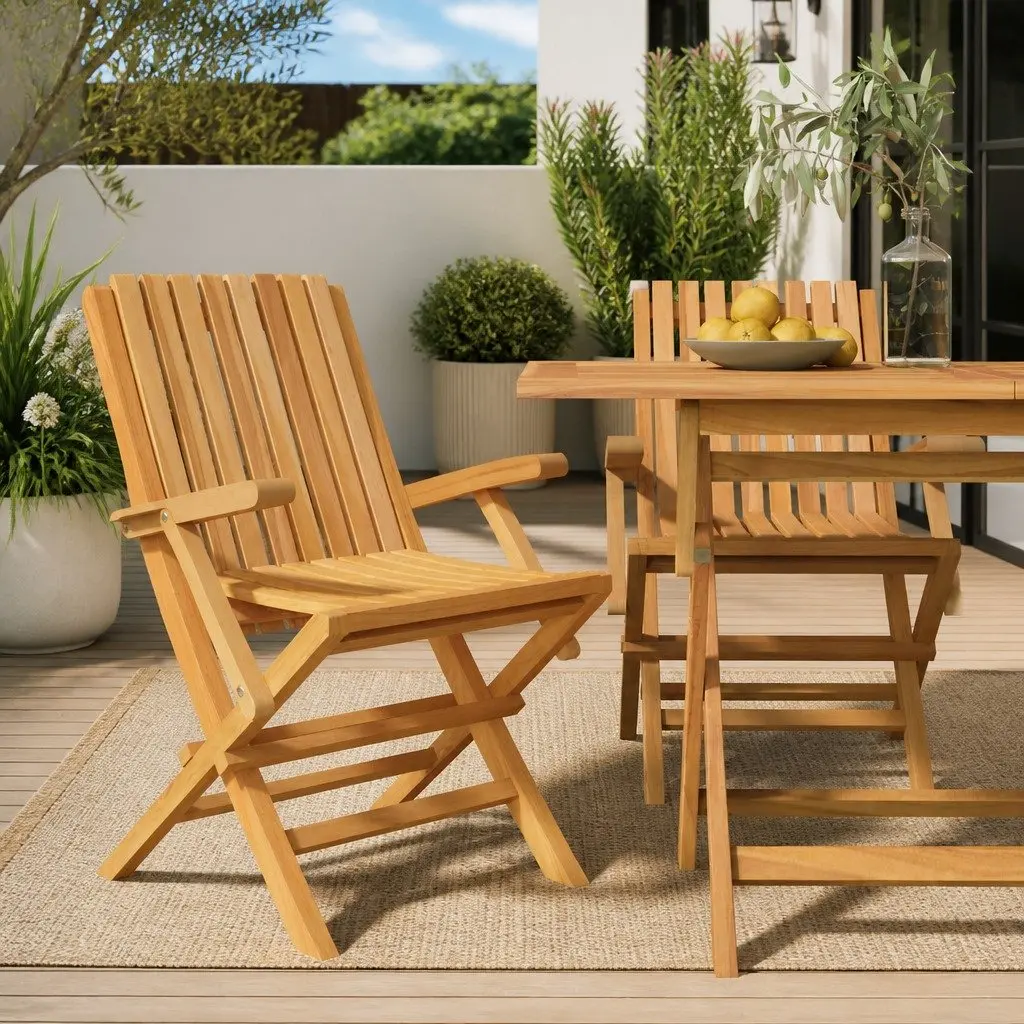 Folding Garden Chairs Solid Wood Outdoor Seating with Backrest and Armrests 2 Piece