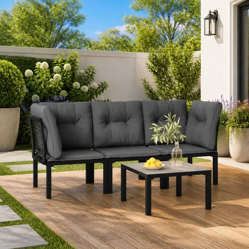 4 Piece Modular Outdoor Lounge Set Black Grey PE Rattan Garden Furniture