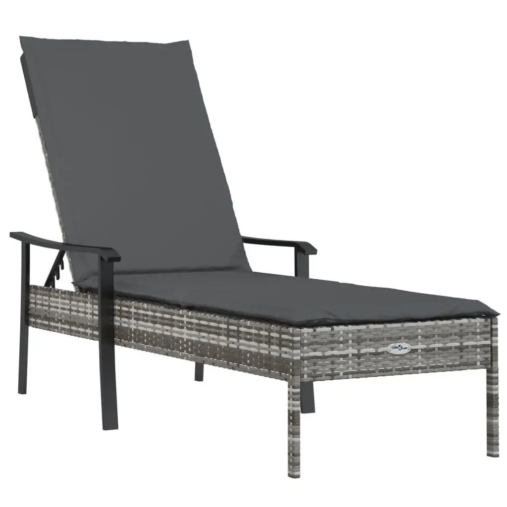 Sun Lounger Adjustable Backrest Grey Poly Rattan with Thickly Padded Cushion