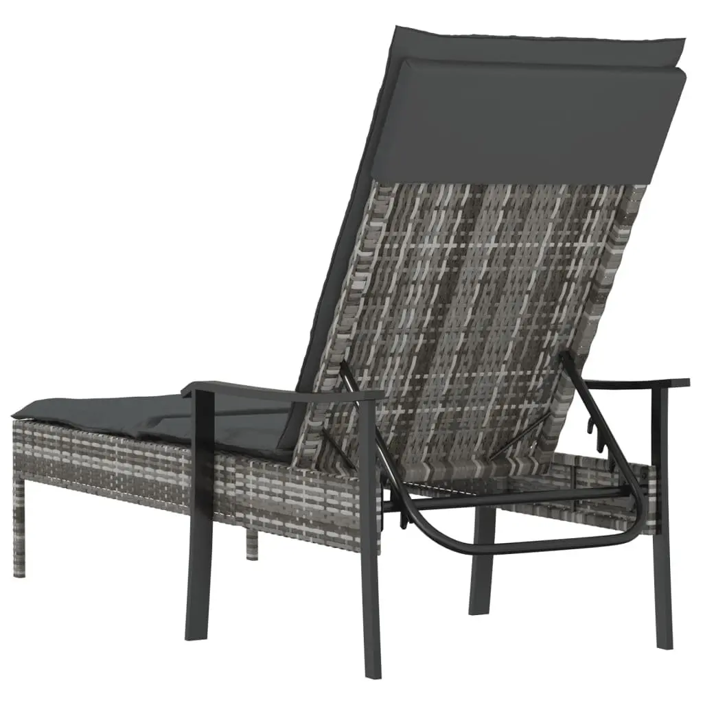 Sun Lounger Adjustable Backrest Grey Poly Rattan with Thickly Padded Cushion
