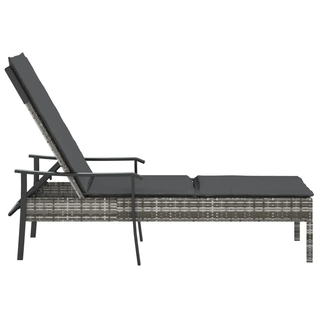 Sun Lounger Adjustable Backrest Grey Poly Rattan with Thickly Padded Cushion