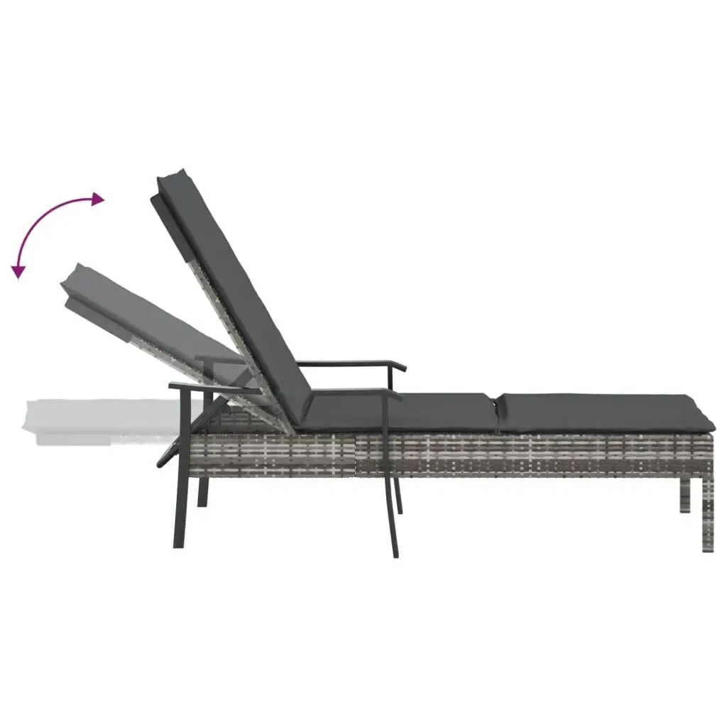 Sun Lounger Adjustable Backrest Grey Poly Rattan with Thickly Padded Cushion