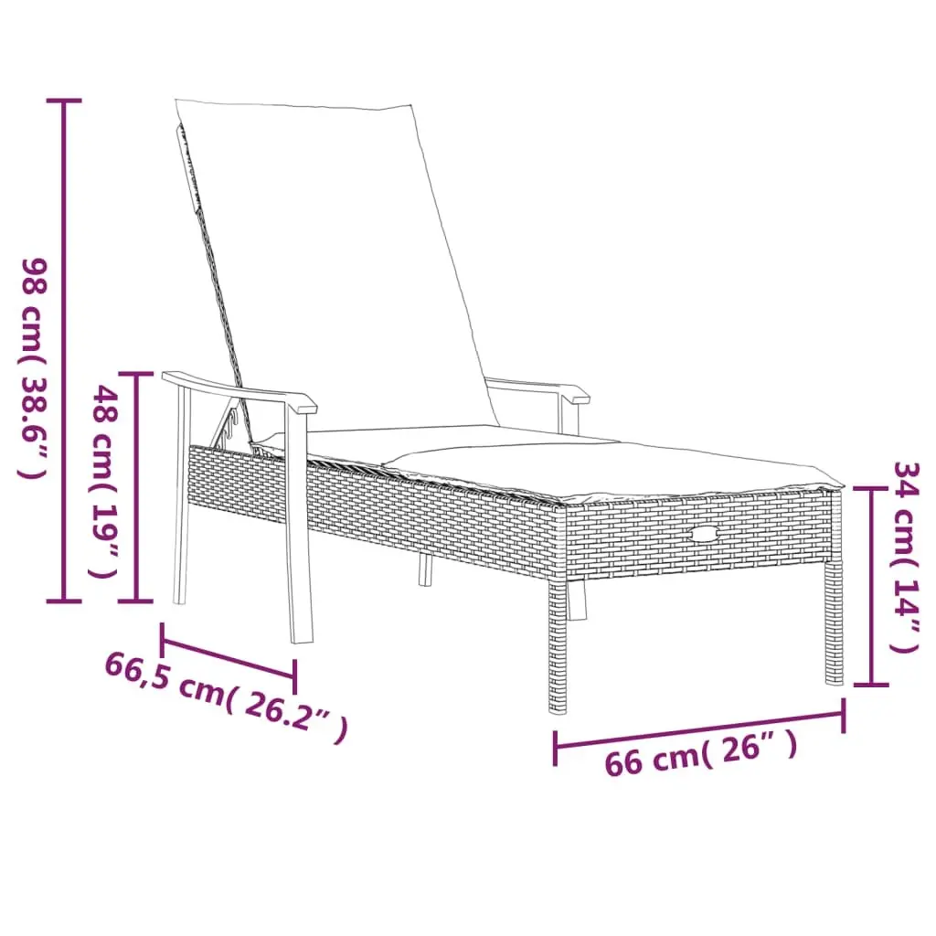 Sun Lounger Adjustable Backrest Grey Poly Rattan with Thickly Padded Cushion