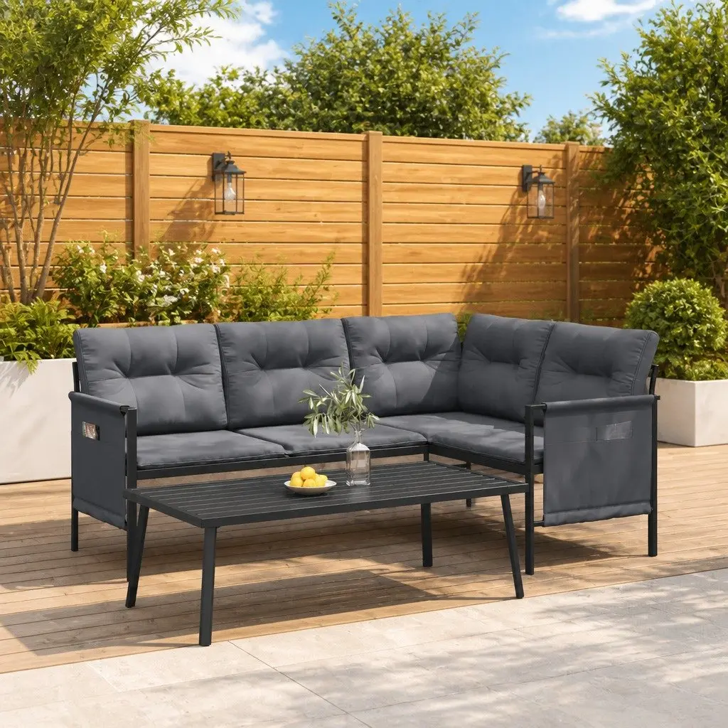 Garden Lounge Set Anthracite Steel Frame 2 Piece Outdoor Patio Furniture Seating
