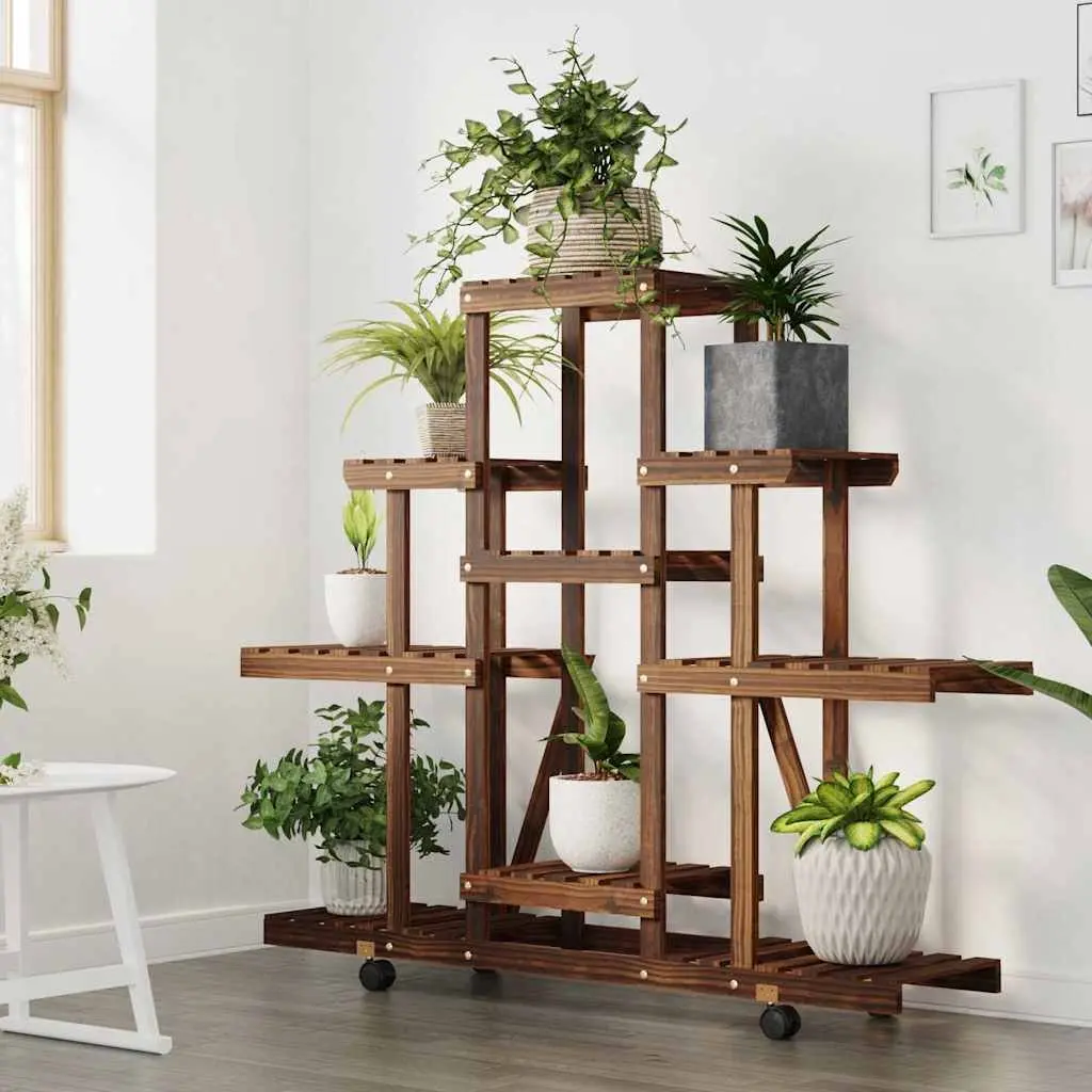 Wooden Plant Stand with Wheels Carbonised Fir 110x25x101cm