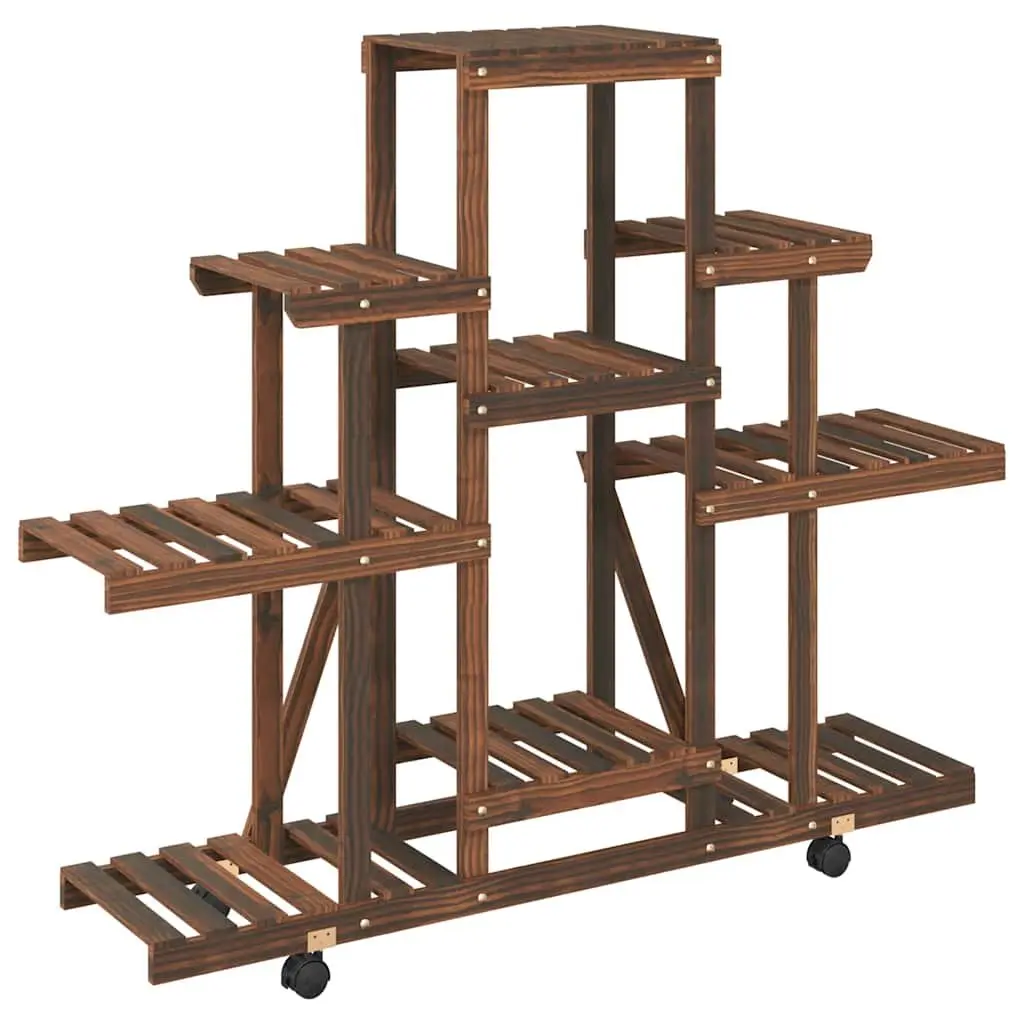 Wooden Plant Stand with Wheels Carbonised Fir 110x25x101cm