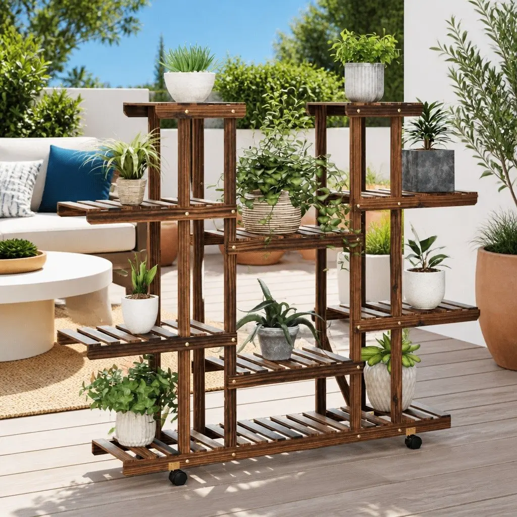 Wooden Flower Stand with Wheels 110 x 25 x 115 cm