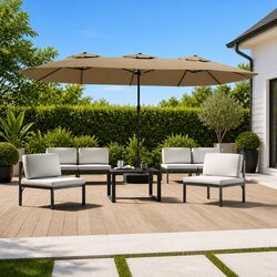 Double-Head Garden Parasol with LED Lights Outdoor Sunshade Taupe 449x265cm