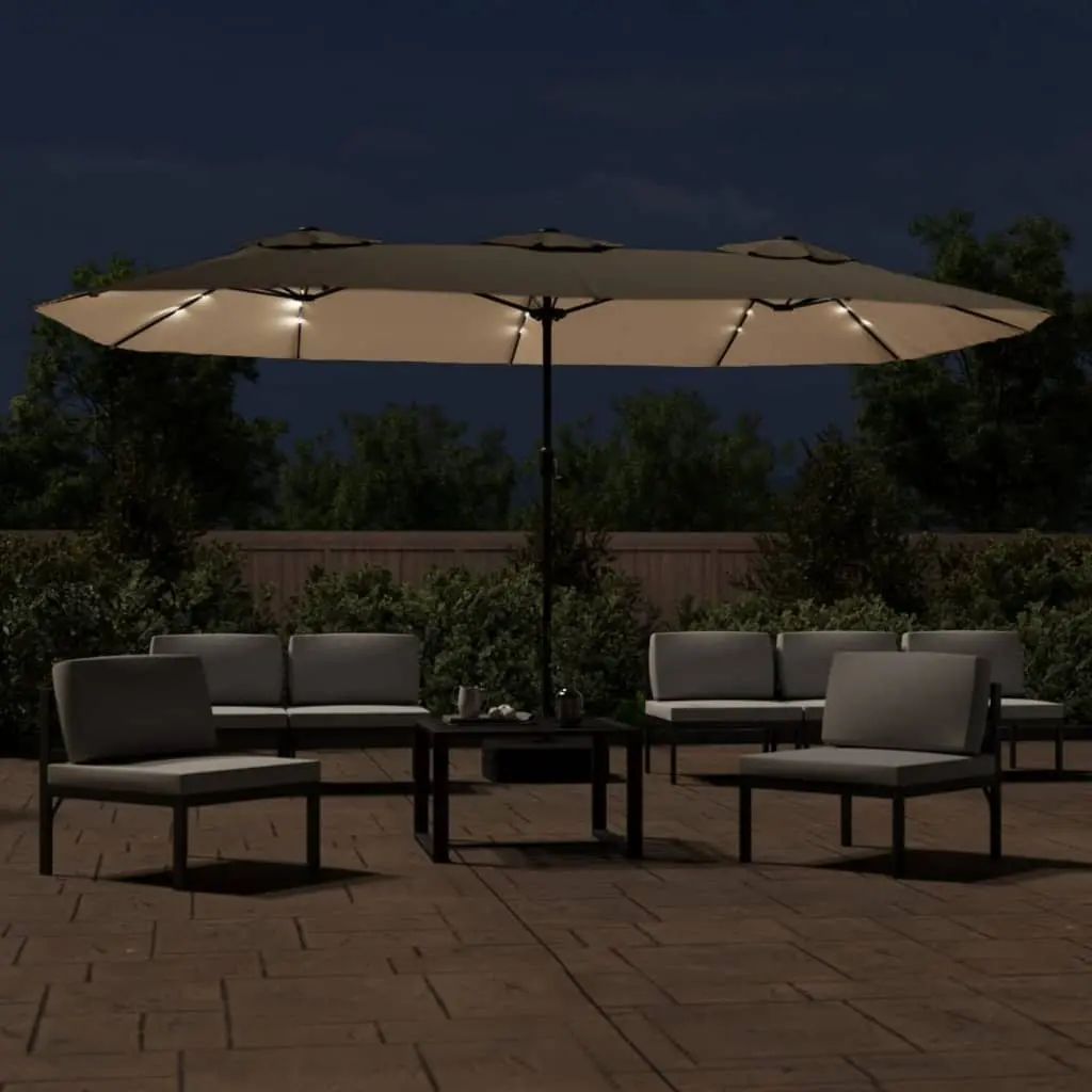 Garden Parasol Double-Head UV Protective with LED Lights Taupe 449x265cm