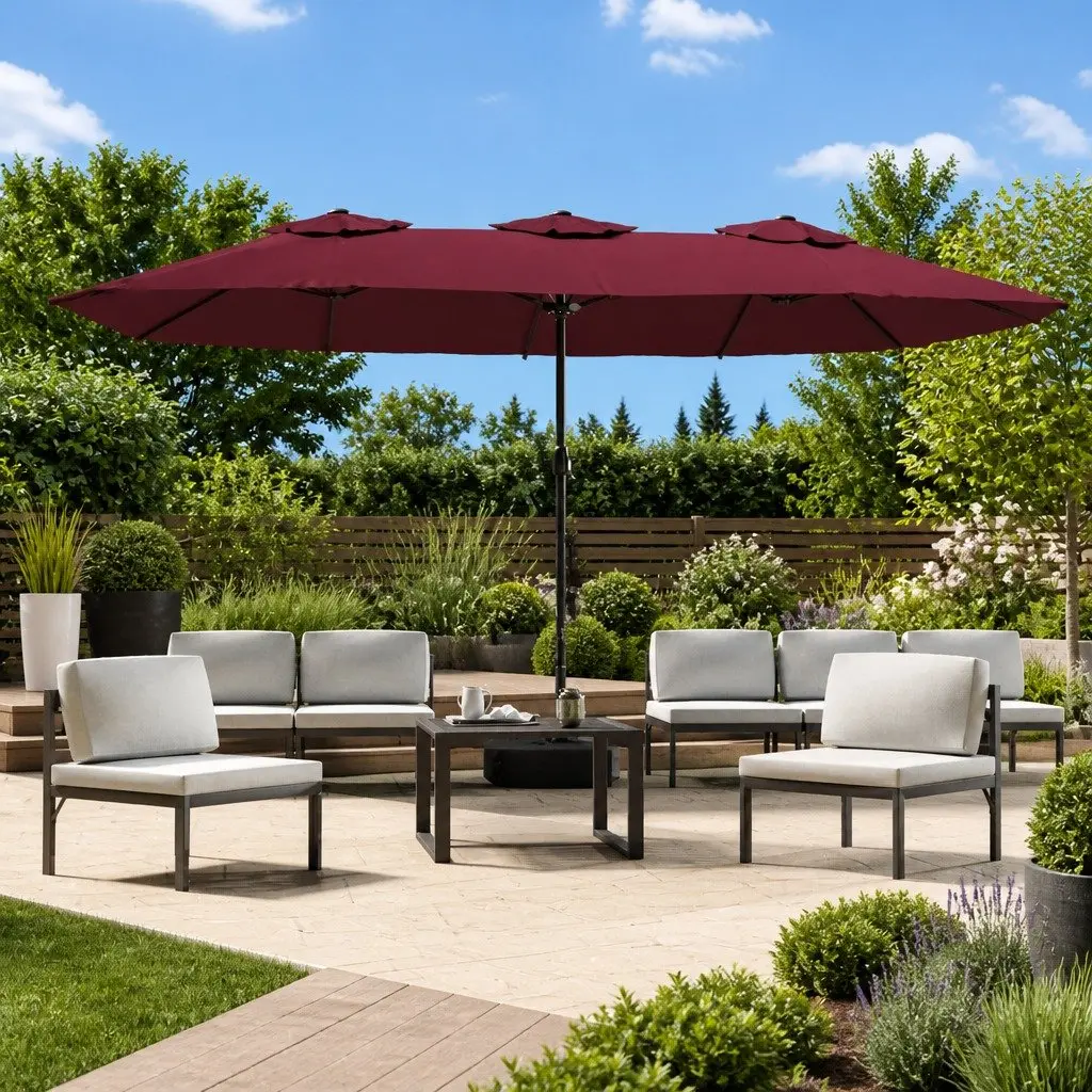 Double-Head Garden Parasol with LED Lights UV-Protective Polyester Canopy Red 449x265cm