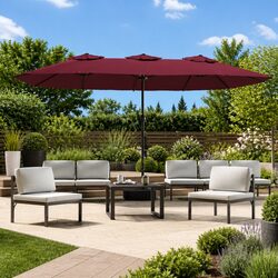 Double-Head Garden Parasol with LED Lights Outdoor Shade Canopy Red 449x265cm