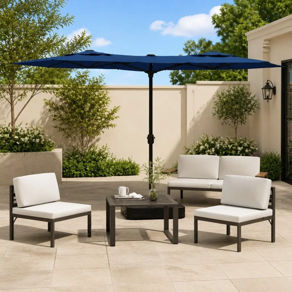 Double-Head Garden Parasol Azure Blue Crank Open 316 x 145 cm