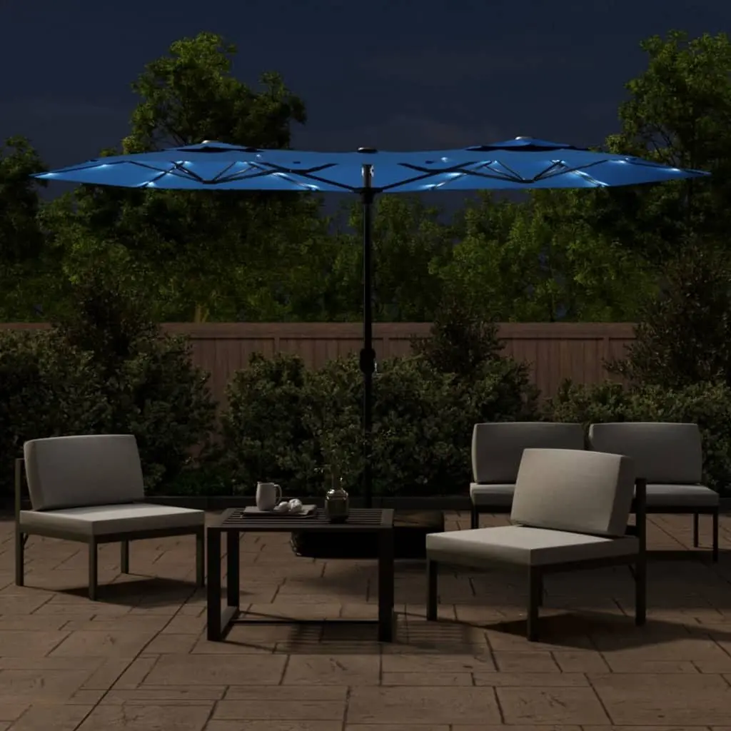 Double-Head Garden Parasol with LED Lights Azure Blue 316 x 145 cm