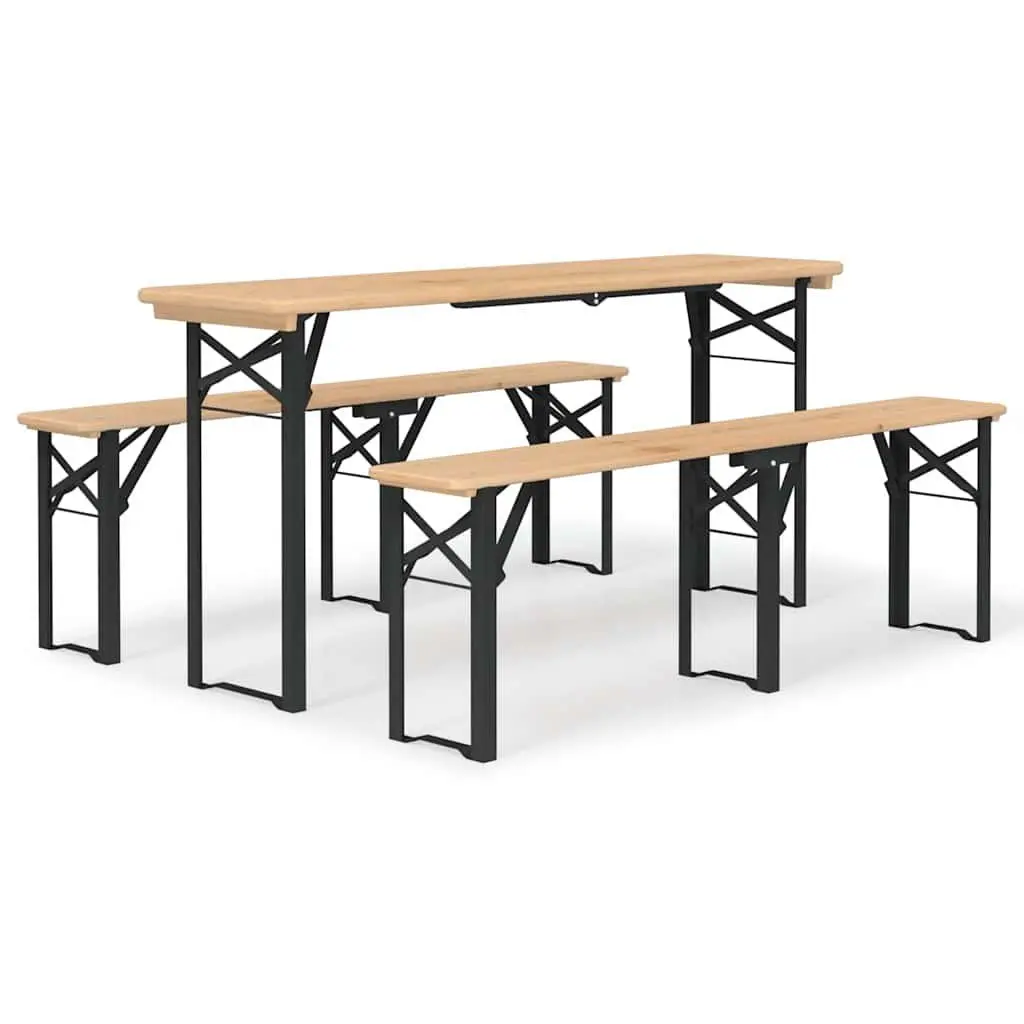 Folding Beer Table Set Outdoor Camping Picnic Fir Wood 3 Piece Brown