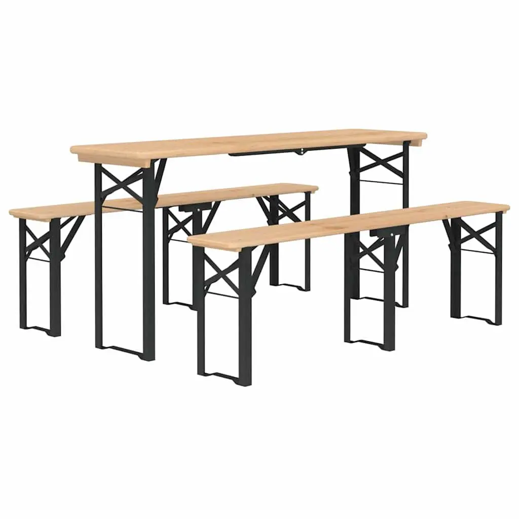 Folding Beer Table Set Outdoor Camping Picnic Fir Wood 3 Piece Brown