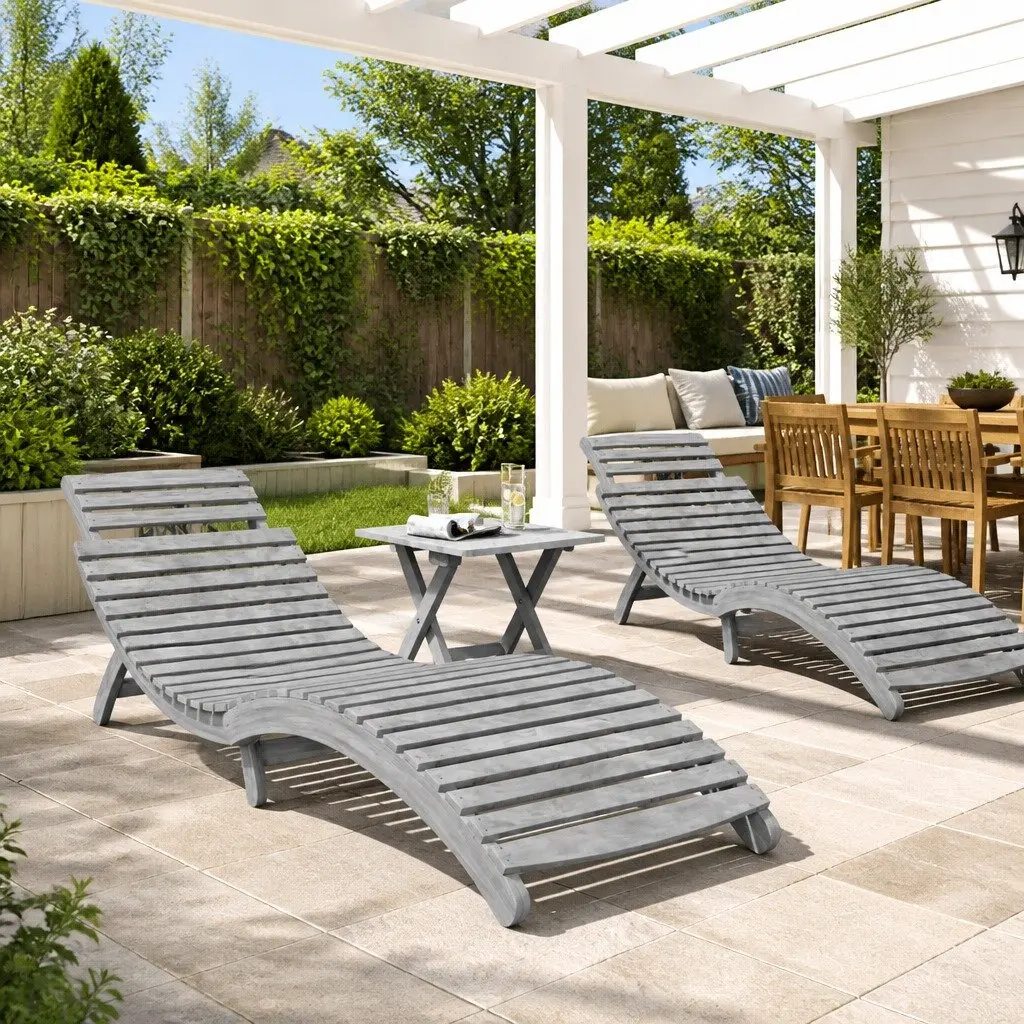 Sun Lounger with Side Table Grey Solid Wood Outdoor Garden Patio