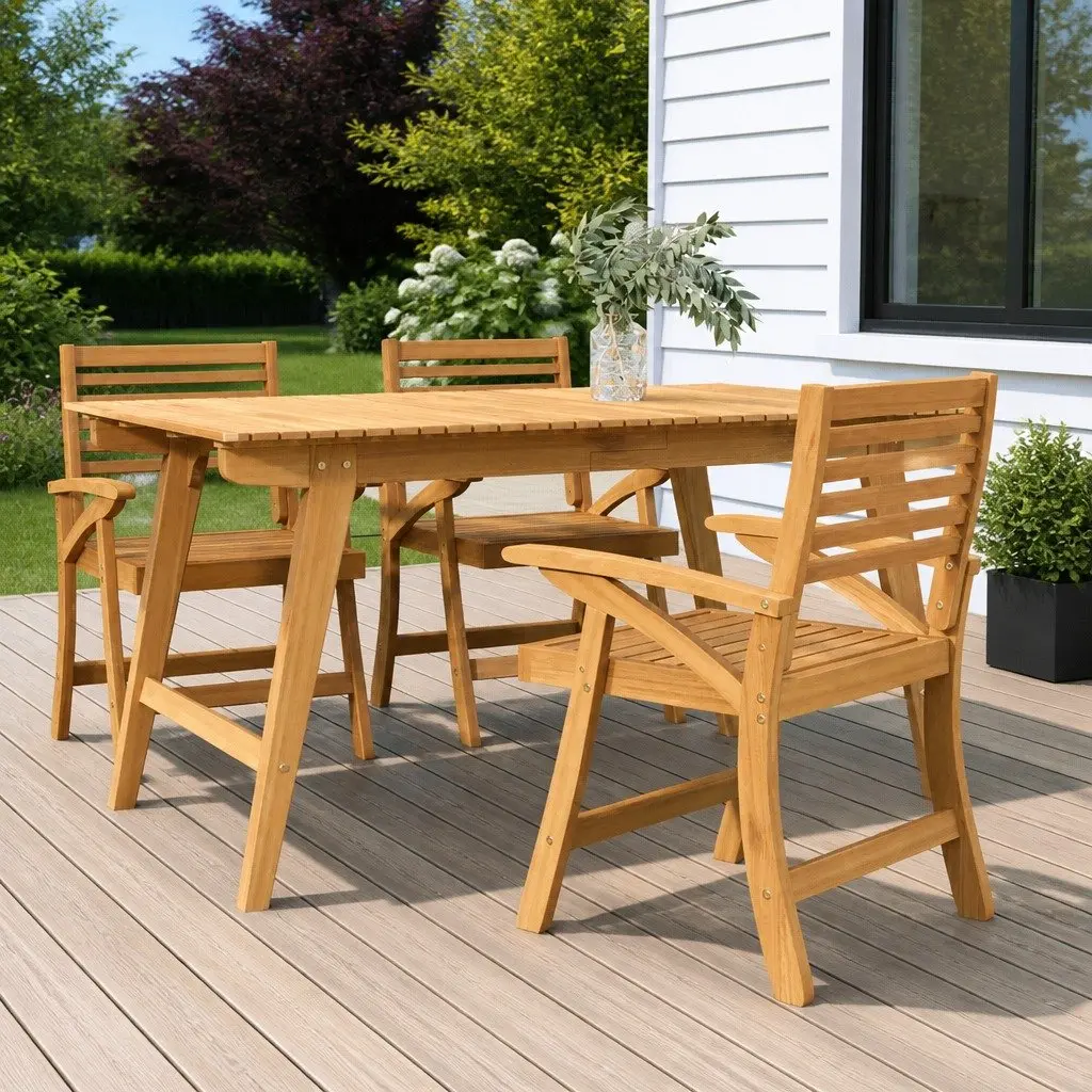 3 Piece Outdoor Garden Chairs Set Solid Acacia Wood Brown with Curved Back Support