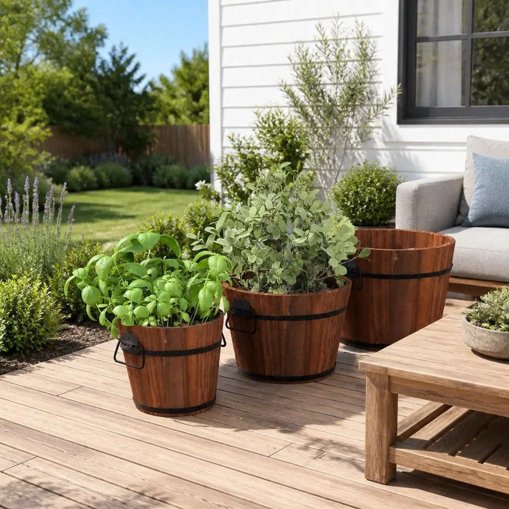Wooden Bucket Planter Set with Easy Carry Handles