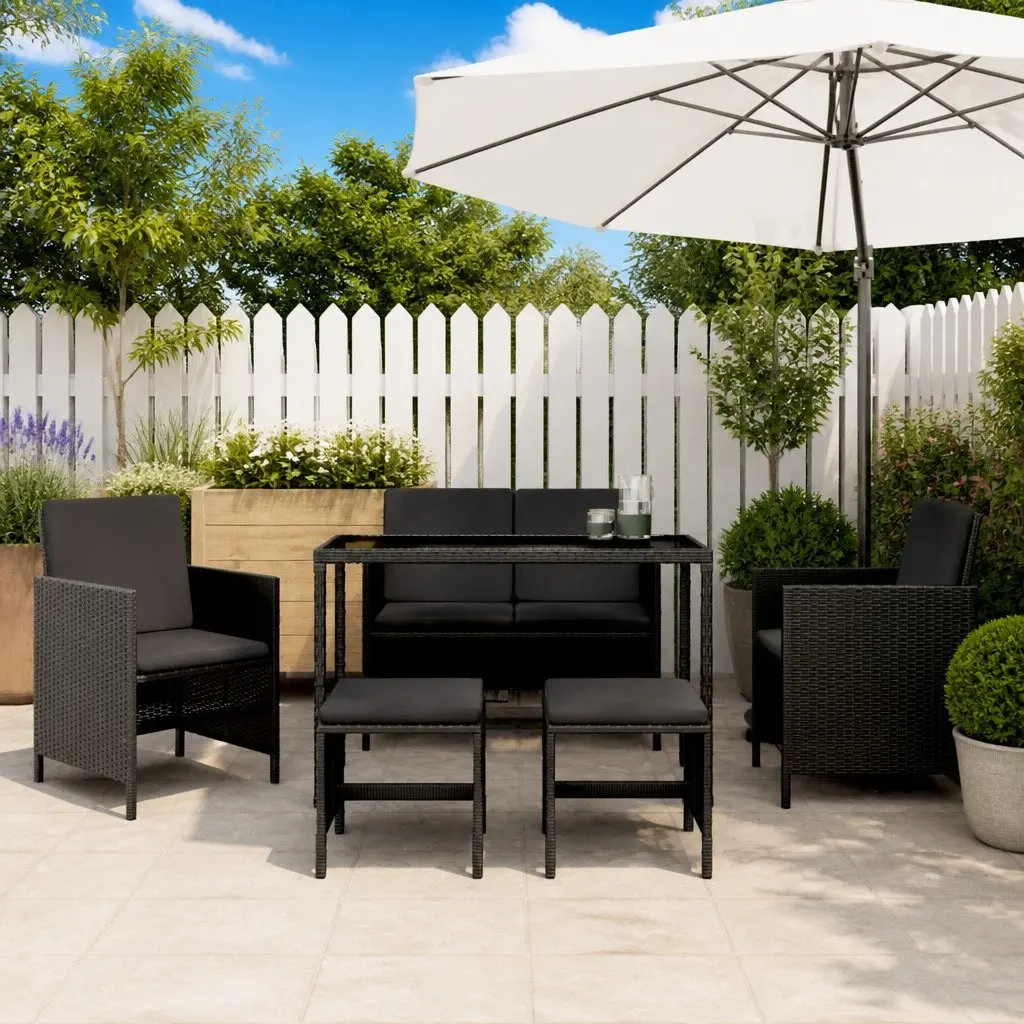Garden Dining Set 6 Piece Outdoor Furniture Black Poly Rattan with Cushions