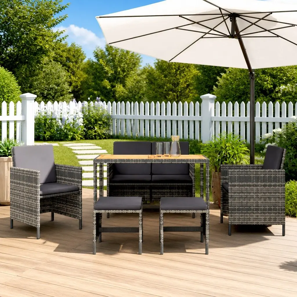 Garden Dining Set Grey Rattan 6 Piece Outdoor Furniture with Table Chairs and Cushions