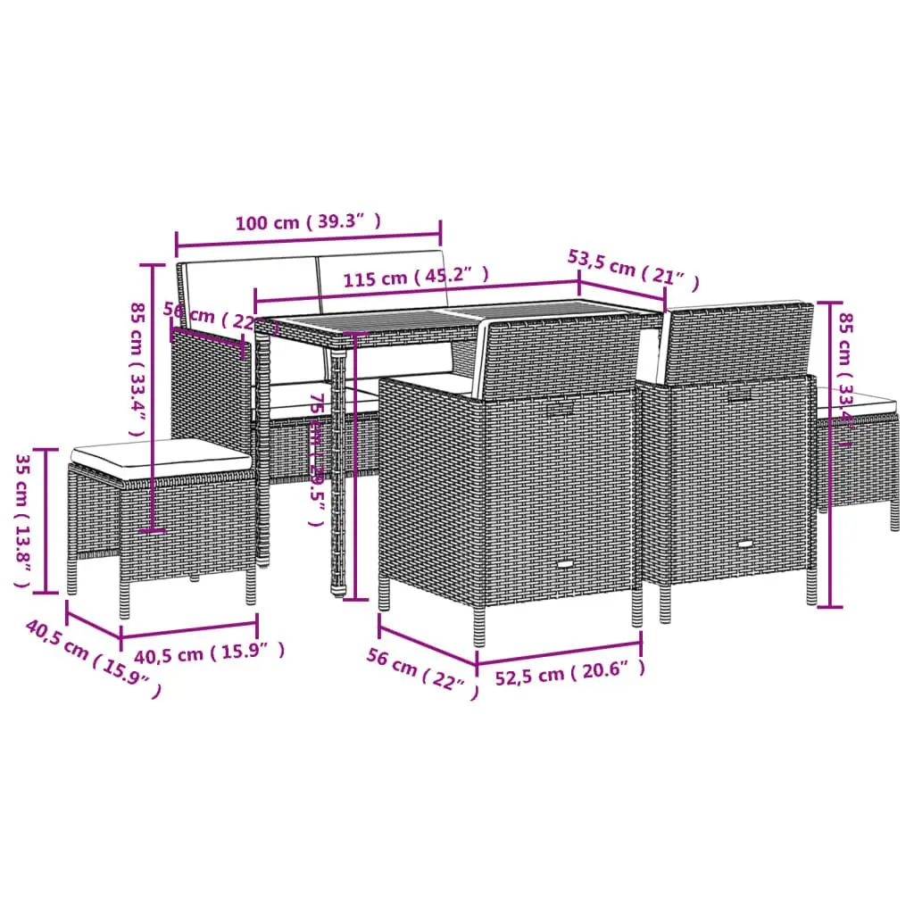 Garden Dining Set Grey Rattan 6 Piece Outdoor Furniture with Table Chairs and Cushions