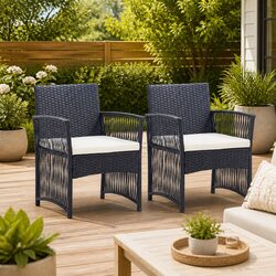 Outdoor Garden Armchairs Set 2 pcs Black Poly Rattan Lounge Seating Cushions